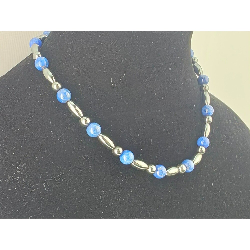Vintage Blue Lapis Lazuli Hematite Bead Choker 16" Necklace